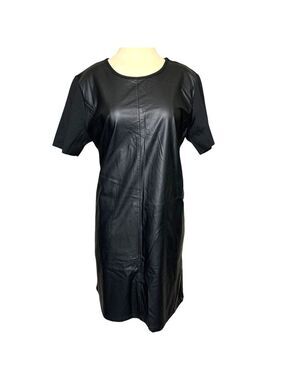 Black Vegan Faux Leather Shirt Dress Sz L Pockets Pullover Shift Minimalist Goth
